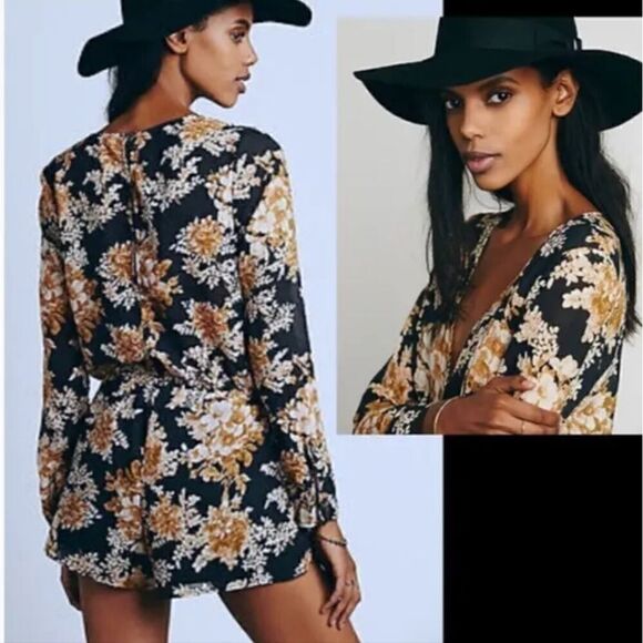 FREE PEOPLE Float Away Floral Romper Black  and Mustard Size Medium - Picture 1 of 14